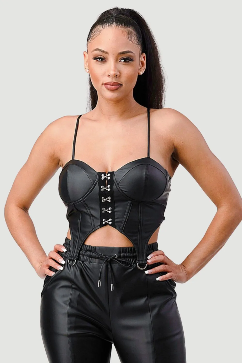 SEXY FAUX LEATHER CAMI HOOK CORSET BUSTIER TOP sold by privy