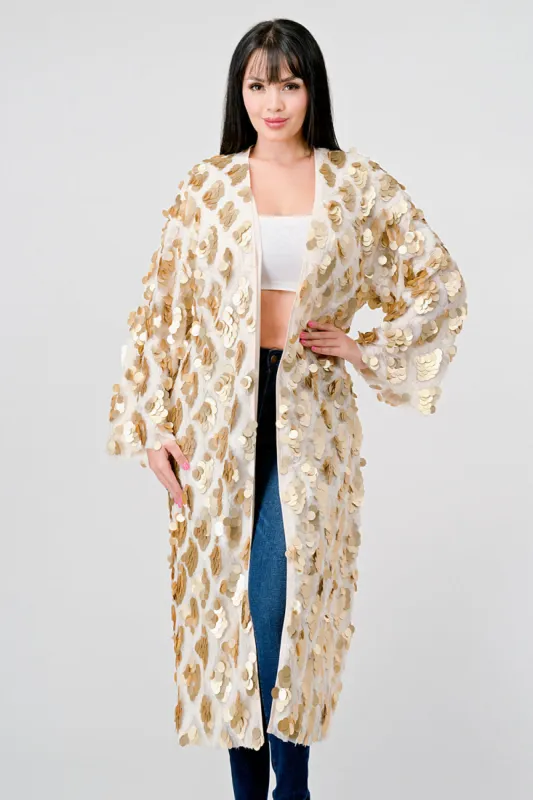 GOLD PAYETTE SEQUINS EMBELLISHED KIMONO CARDIGAN sold by privy