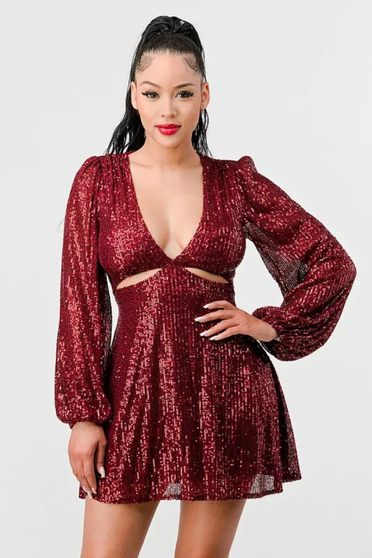LUX SEQUINS KEYHOLES DEEP V-NECK MINI DRESS sold by privy