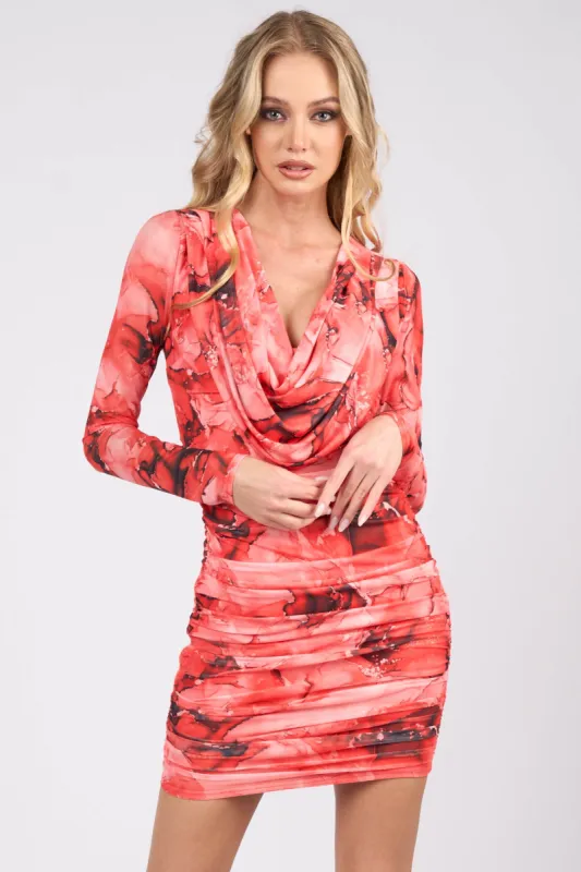 PD76415K-W / LUXE MARBLE MESH COWL NECK RUCHED MINI DRESS sold by privy
