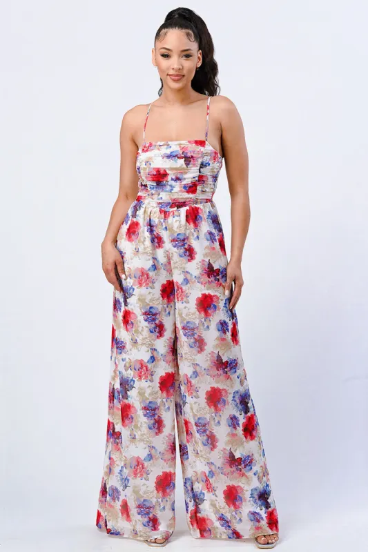 FLORAL CHIFFON SMOCKED RELAX FIT JUMPSUIT sold by privy