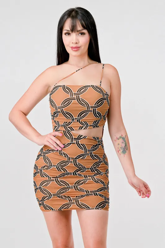 LUXE GEO PRINT MESH ASYMMETRICAL CUTOUT MINI DRESS sold by privy