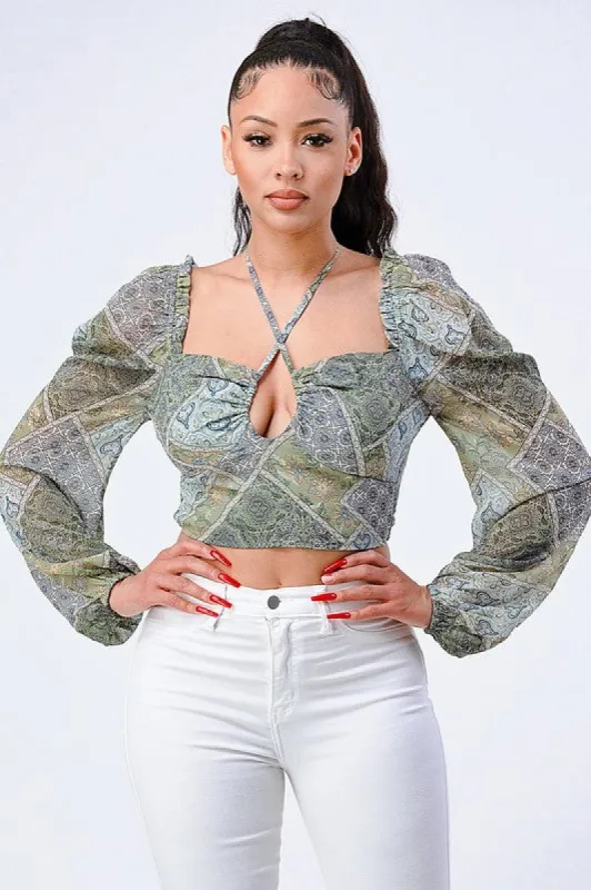 PRINT HALTER SWEETHEART BUBBLE PUFF SLEEVES TOP sold by privy