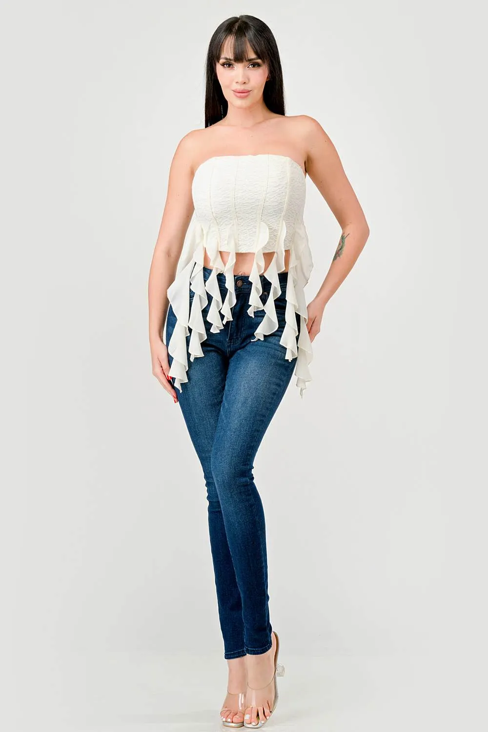 LUXE RUFFLED DRAPED FRINGE BUSTIER TUBE TOP sold by privy product image thumbnail 4