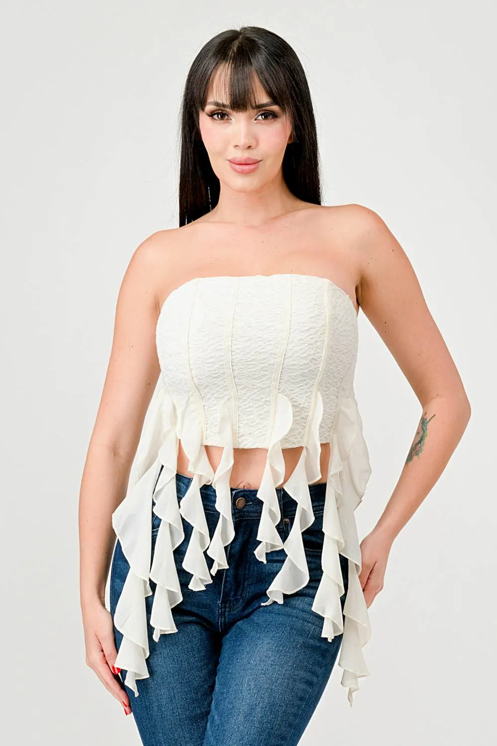 LUXE RUFFLED DRAPED FRINGE BUSTIER TUBE TOP sold by privy