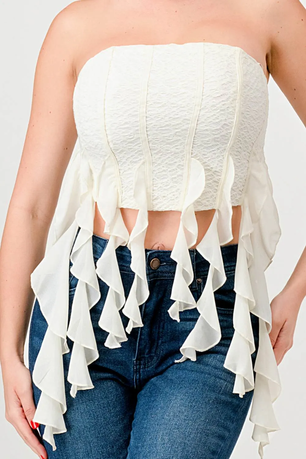 LUXE RUFFLED DRAPED FRINGE BUSTIER TUBE TOP sold by privy product image thumbnail 5