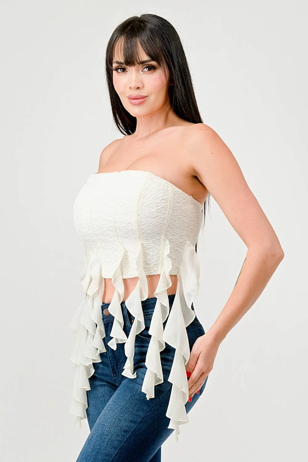 LUXE RUFFLED DRAPED FRINGE BUSTIER TUBE TOP sold by privy product image thumbnail 2