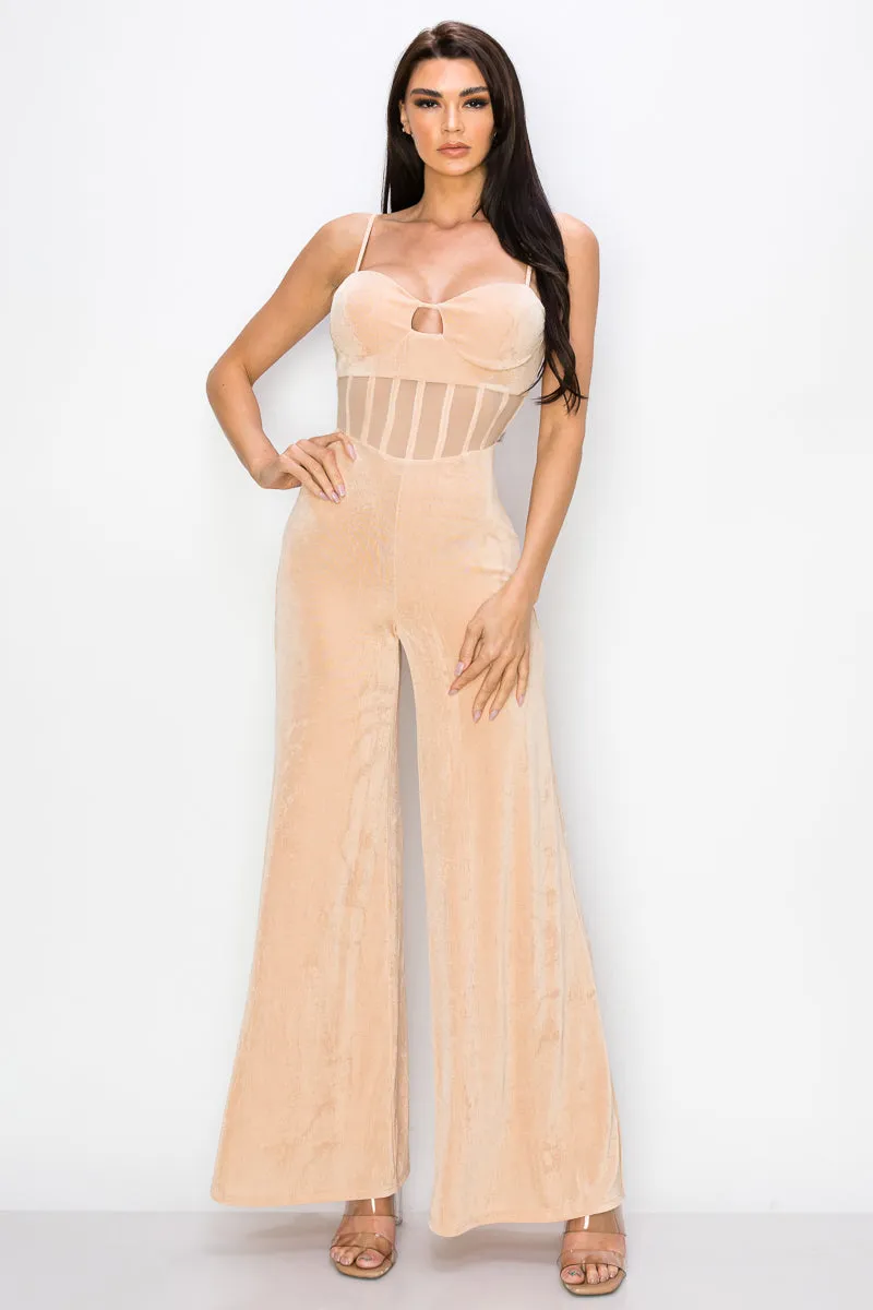 LUXE MESH CONTRAST SWEETHEART KEYHOLE JUMPSUIT sold by privy