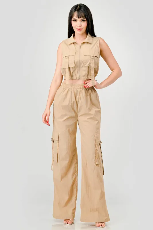CARGO BIG POCKETS ZIPUP VEST TOP & CARGO PANTS SET sold by privy
