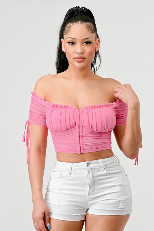 PT40758K-W / RUFFLED N RUCHED OFF SHOULDER CROPPED TOP sold by privy