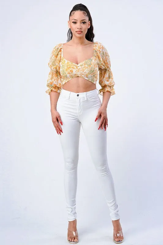 FLORAL OPEN BACK KNOT TIE SWEETHEART PUFF SLEEVES TOP sold by privy product image thumbnail 4