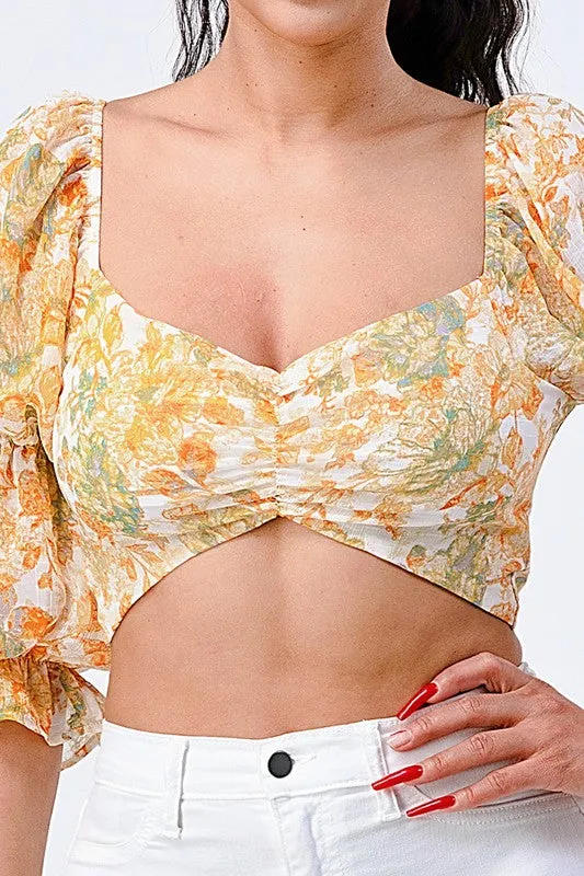 FLORAL OPEN BACK KNOT TIE SWEETHEART PUFF SLEEVES TOP sold by privy product image thumbnail 5