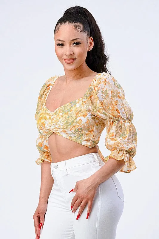 FLORAL OPEN BACK KNOT TIE SWEETHEART PUFF SLEEVES TOP sold by privy product image thumbnail 2