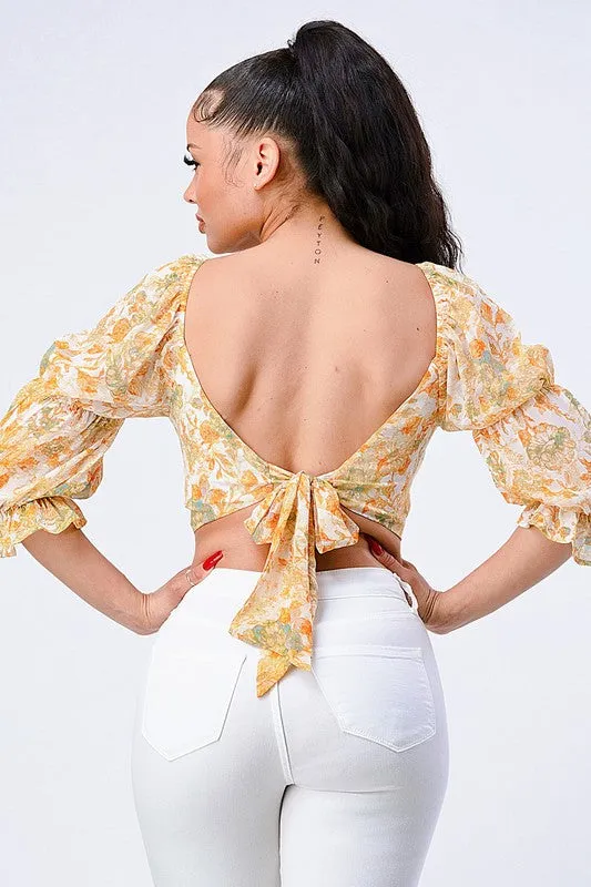 FLORAL OPEN BACK KNOT TIE SWEETHEART PUFF SLEEVES TOP sold by privy product image thumbnail 3
