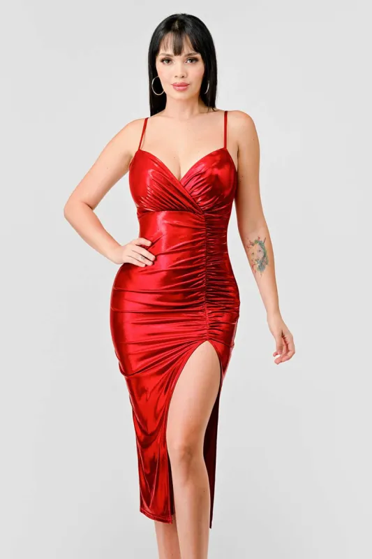 SUPER STRETCH FOILED HOLOGRAM RUCHED MIDI DRESS sold by privy