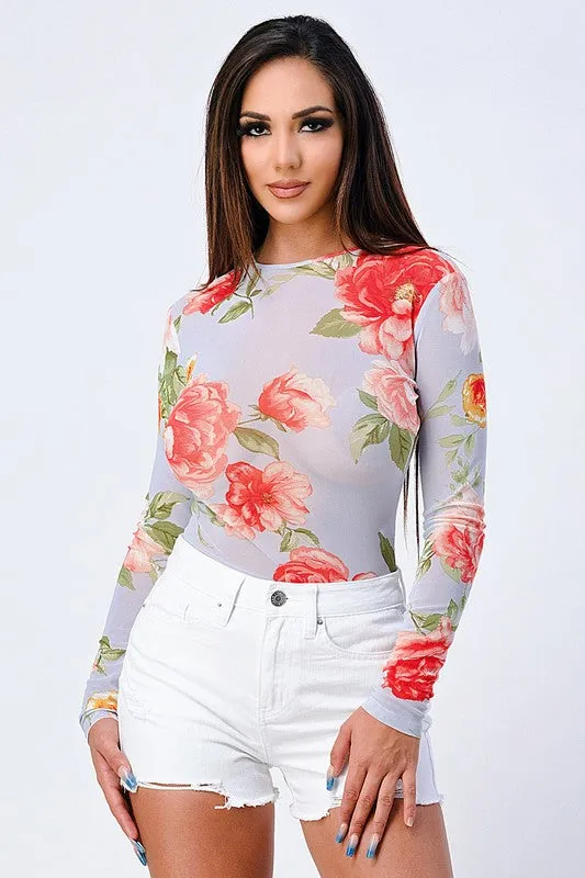 FLORAL PRINT SHEER MESH LONG SLEEVE BODYSUIT sold by privy product image thumbnail 3