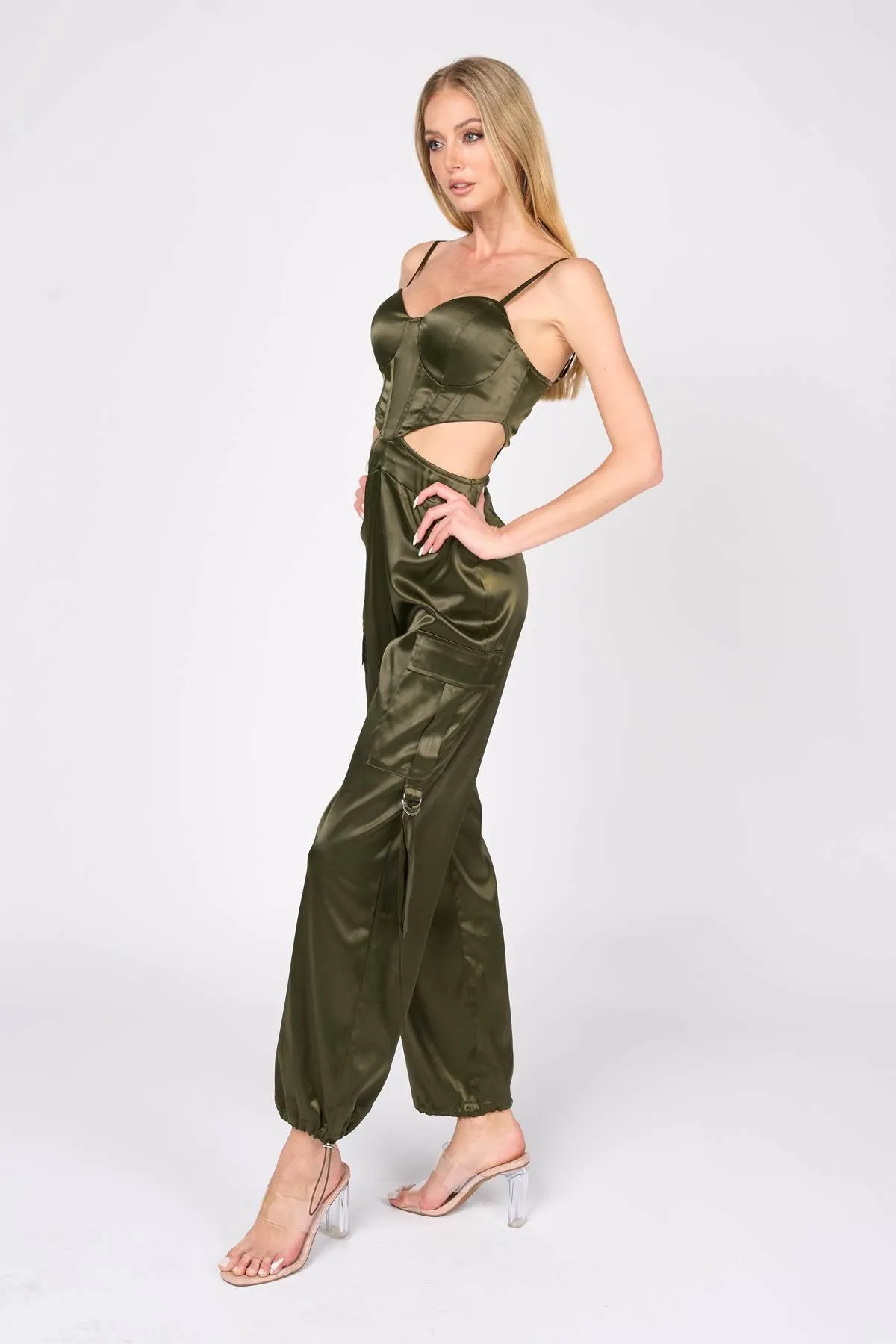 SEXY STRETCH SATIN CUTOUT CARGO BOTTOM JUMPSUIT sold by privy product image thumbnail 2
