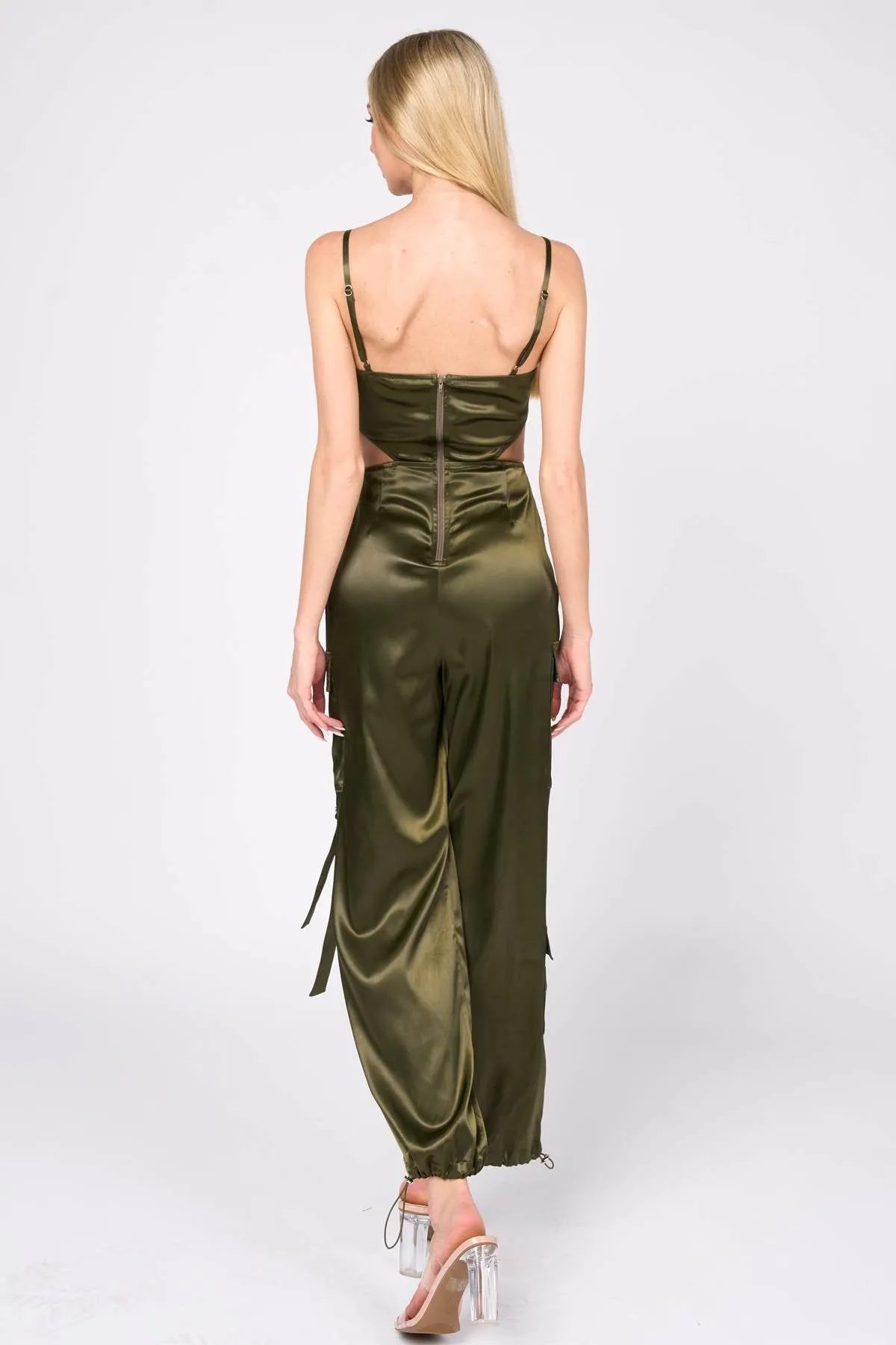 SEXY STRETCH SATIN CUTOUT CARGO BOTTOM JUMPSUIT sold by privy product image thumbnail 3
