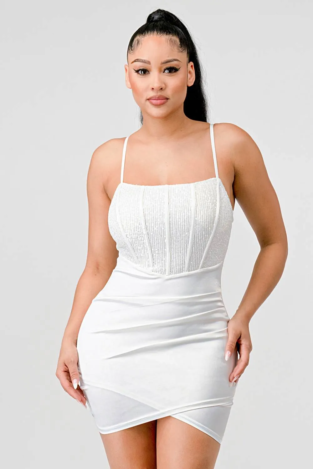 LUXE SEQUINS CONTRAST SLEEVELESS TULIP MINI DRESS sold by privy