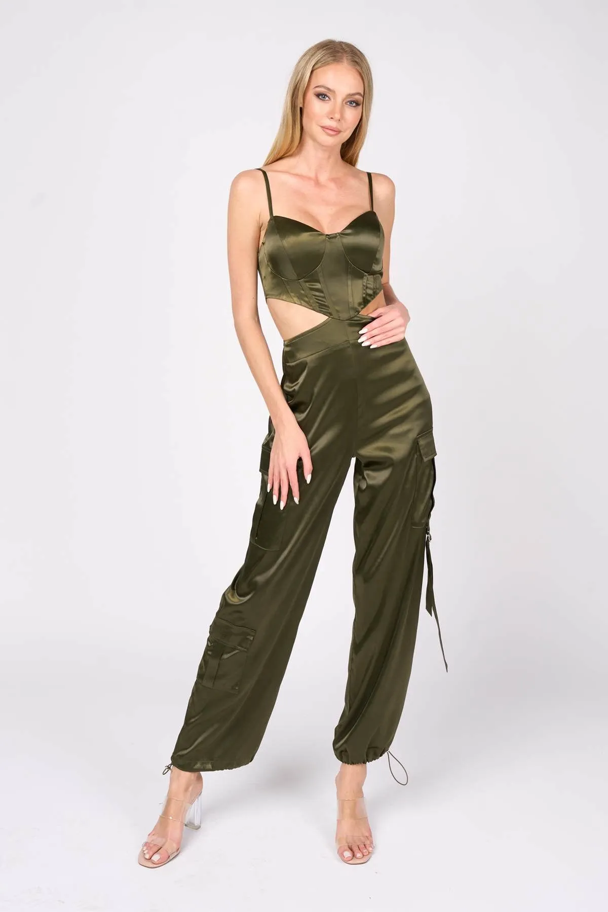 SEXY STRETCH SATIN CUTOUT CARGO BOTTOM JUMPSUIT sold by privy product image thumbnail 4