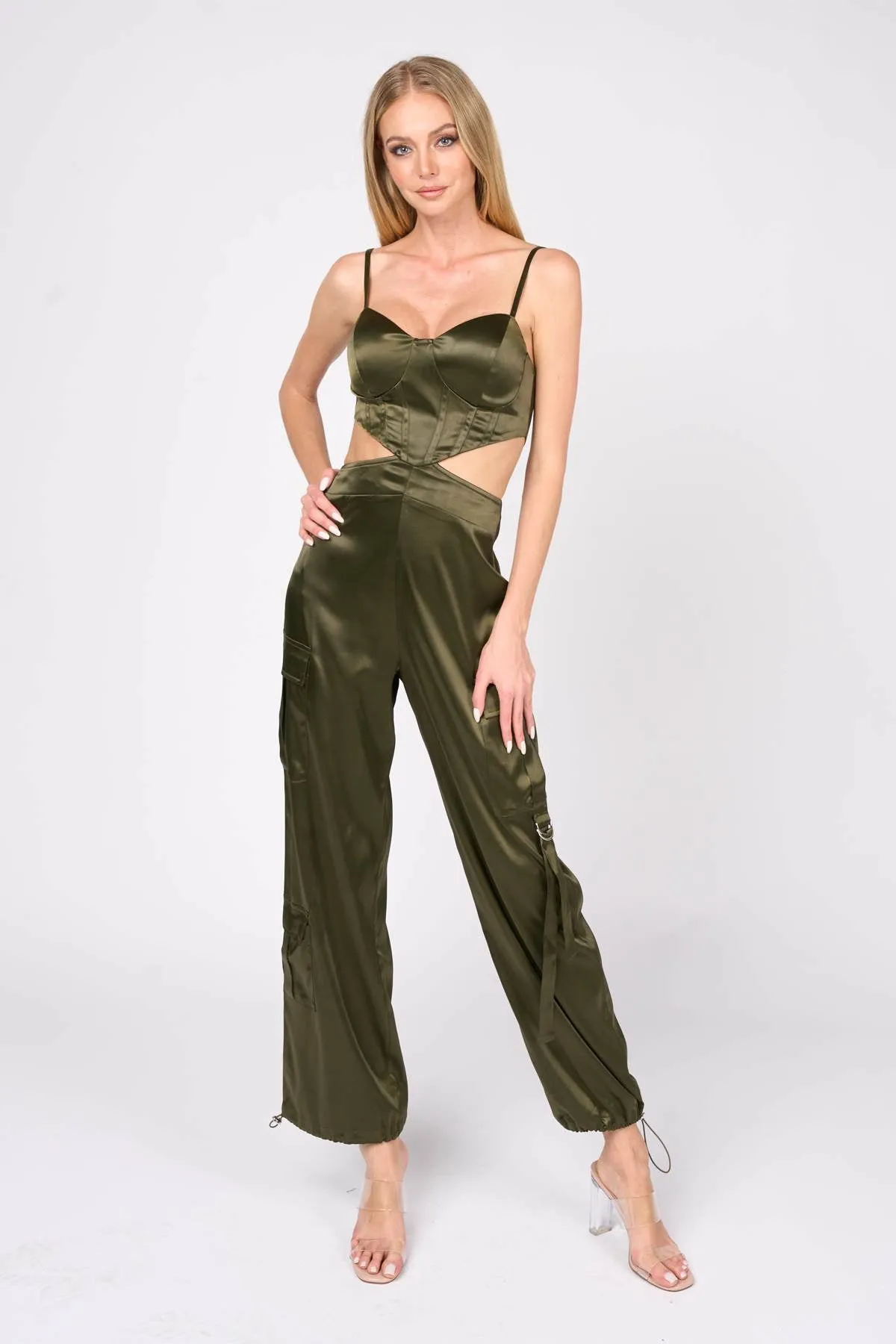 SEXY STRETCH SATIN CUTOUT CARGO BOTTOM JUMPSUIT sold by privy