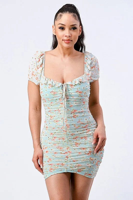 FLORAL RUFFLED SQUARE NECK RUCHED CHIFFON DRESS sold by privy product image thumbnail 2