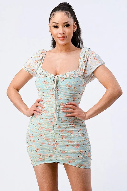 FLORAL RUFFLED SQUARE NECK RUCHED CHIFFON DRESS sold by privy