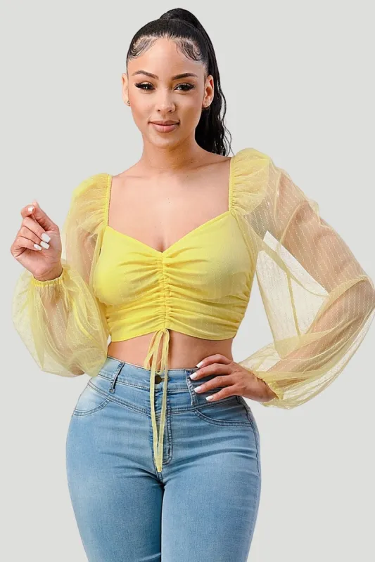 SWEETHEART SHIRRING RUFFLED SHEER LONG SLEEVE TOP sold by privy