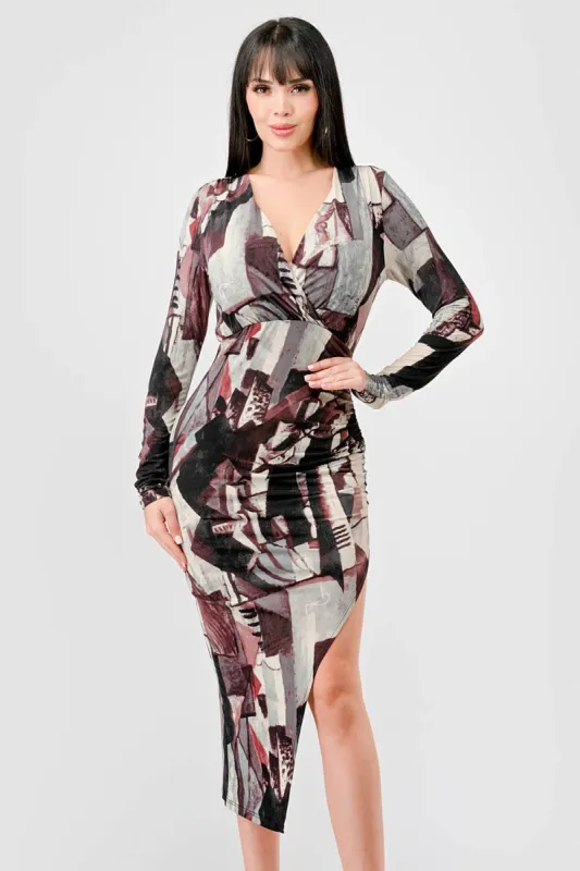 LUXE ABSTRACT ITY PRINT ASYMMETRICAL HEM DRESS sold by privy