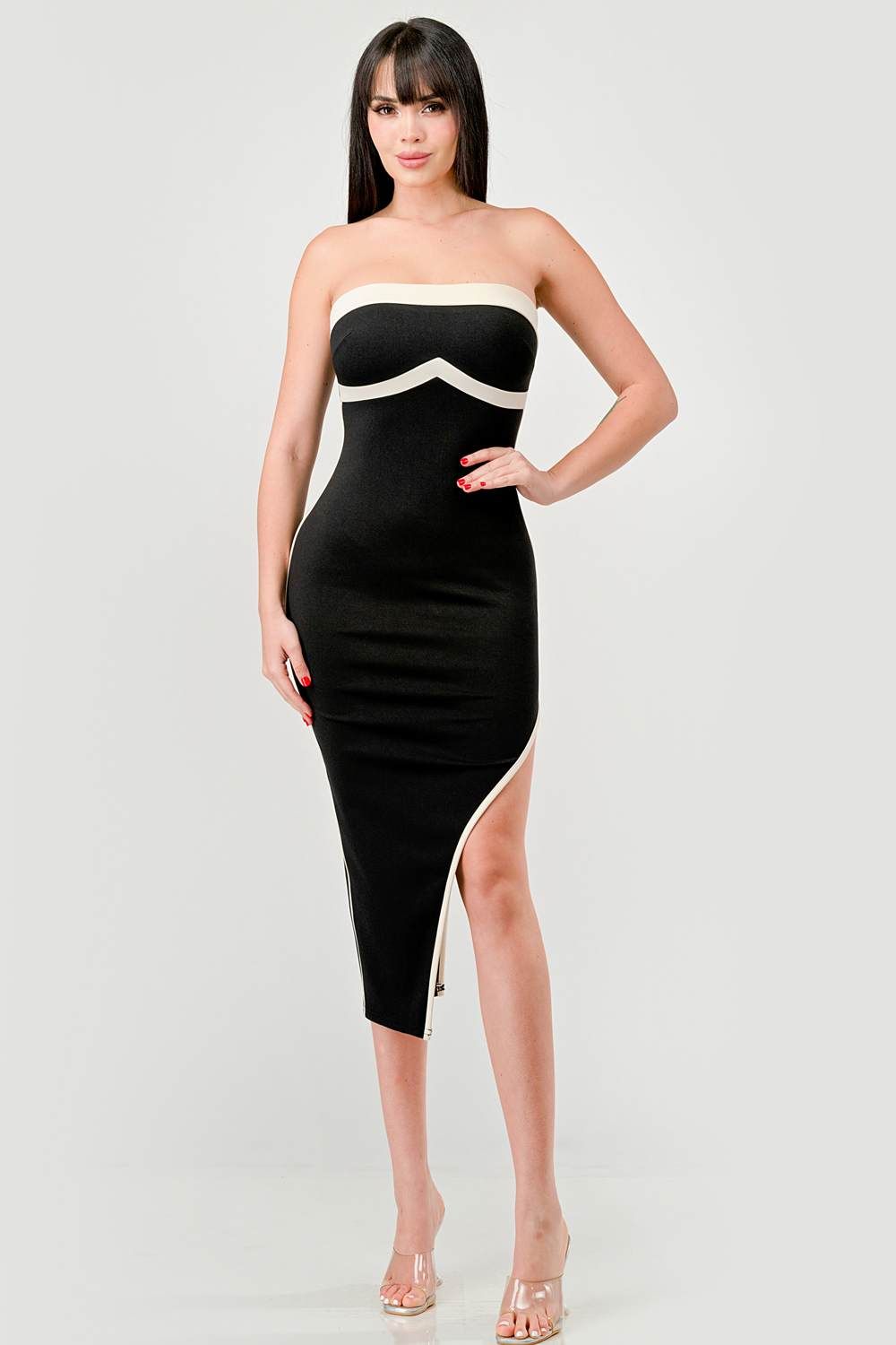 PD76785K-W / LUXE NYLON PONTE CONTRAST SLITTED MIDI TUBE DRESS sold by privy product image thumbnail 5