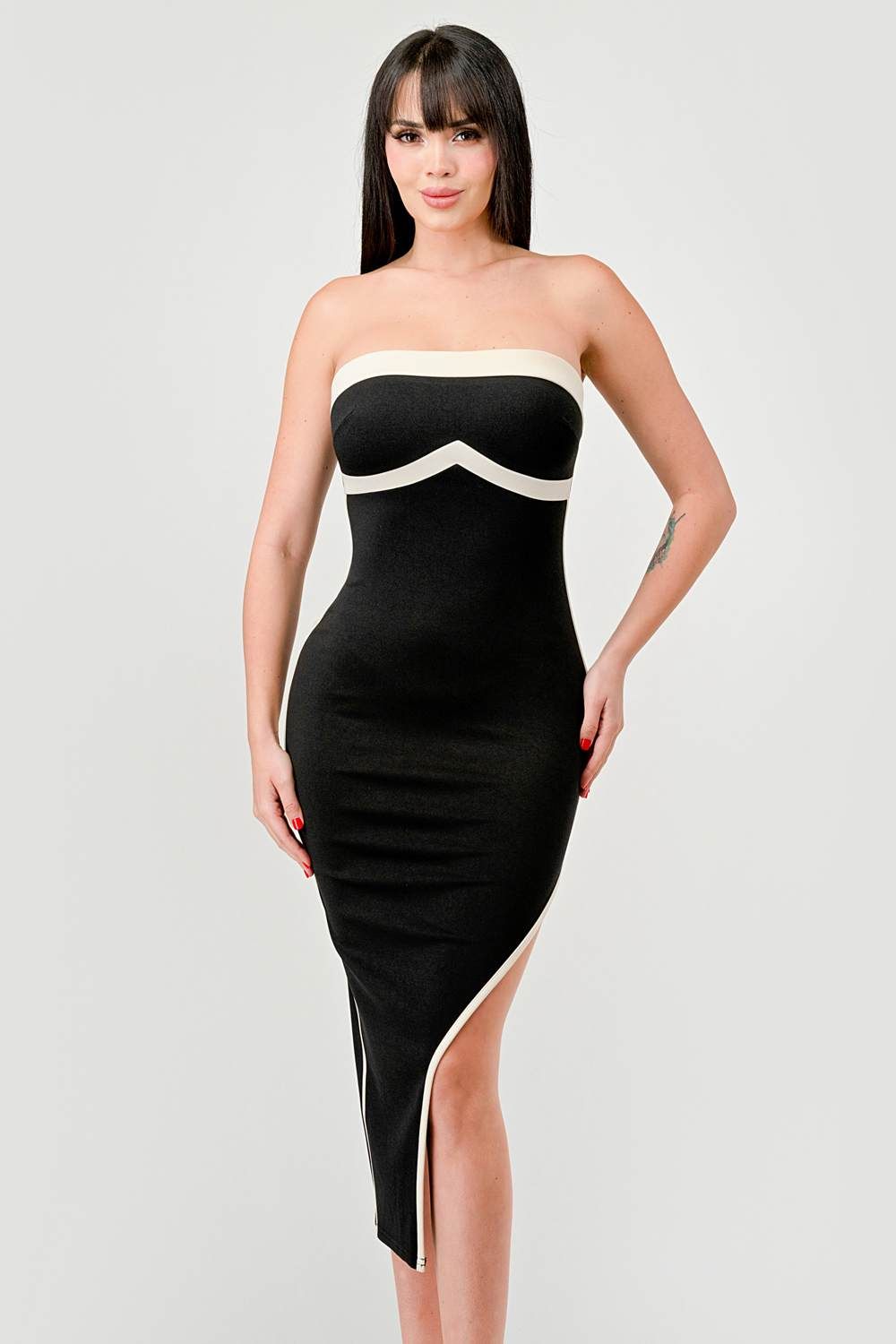 PD76785K-W / LUXE NYLON PONTE CONTRAST SLITTED MIDI TUBE DRESS sold by privy product image thumbnail 2