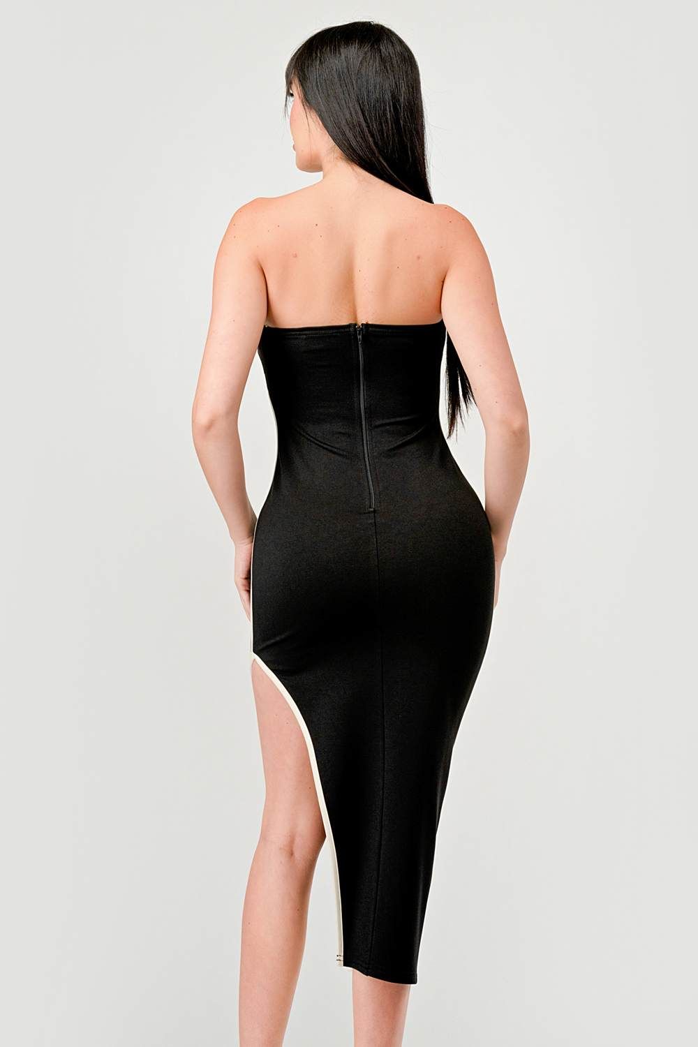 PD76785K-W / LUXE NYLON PONTE CONTRAST SLITTED MIDI TUBE DRESS sold by privy product image thumbnail 4