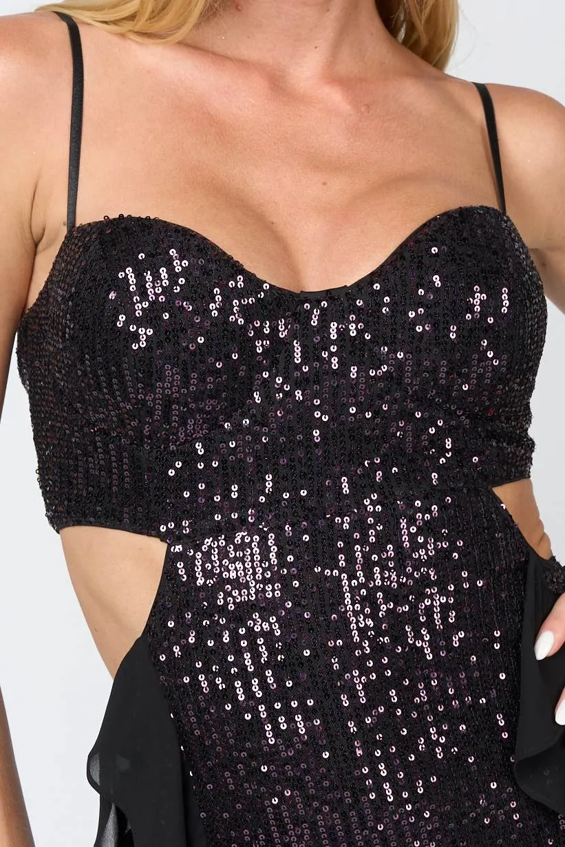 SEQUIN LACE RUFFLED DRAPED SIDE CUTOUTS MINI DRESS sold by privy product image thumbnail 5