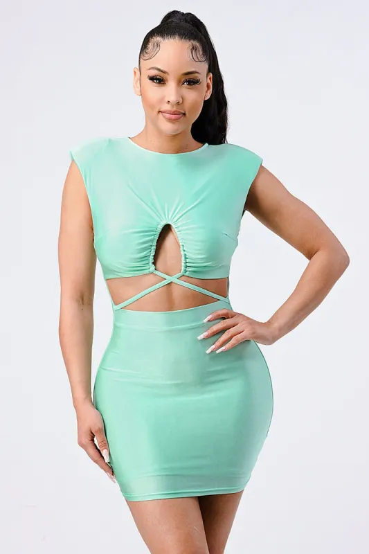 LUX HEAVY CRYSTAL DRAWSTRING WAIST BODYCON DRESS sold by privy