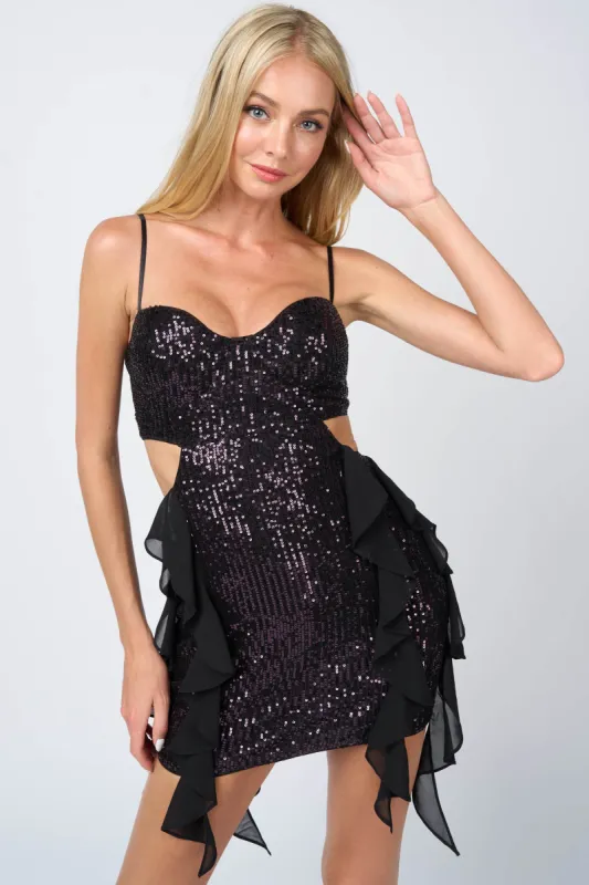 SEQUIN LACE RUFFLED DRAPED SIDE CUTOUTS MINI DRESS sold by privy