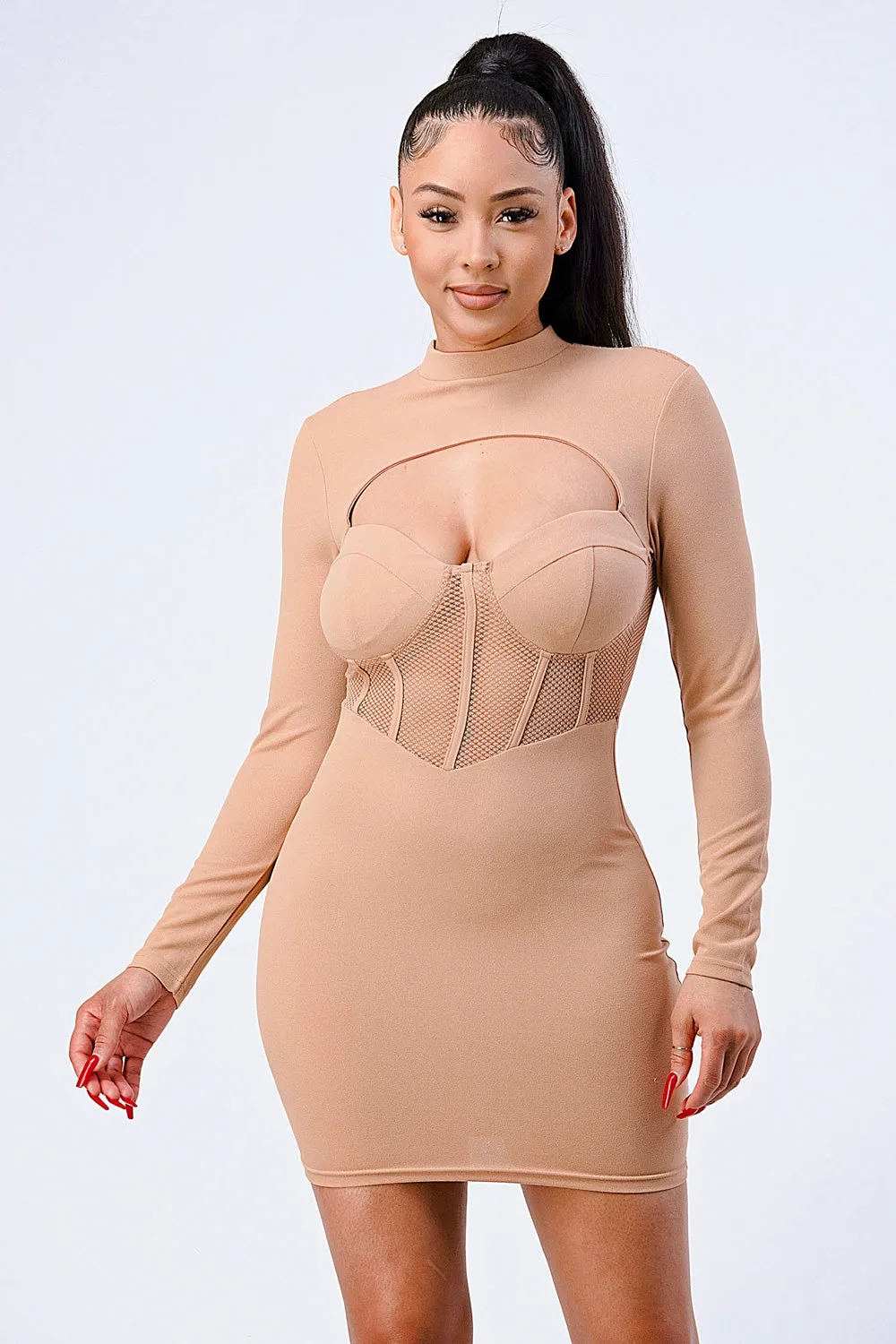 SEXY CUTOUT MESH RIB LONG SLEEVE DRESS sold by privy