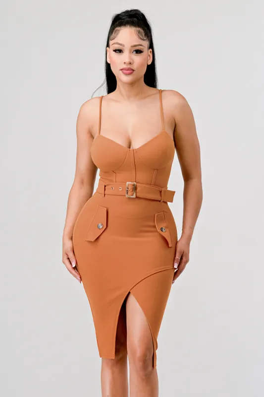 SEXY BELTED FRONT SLIT FAUX POCKETS MIDI DRESS sold by privy