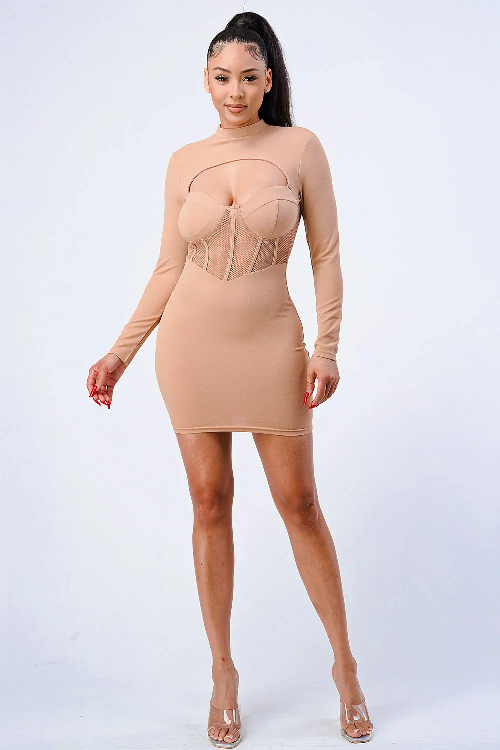 SEXY CUTOUT MESH RIB LONG SLEEVE DRESS sold by privy product image thumbnail 5