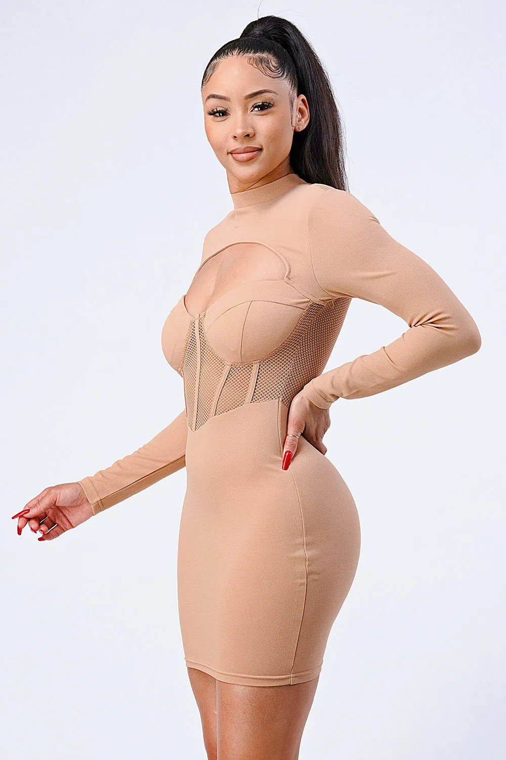 SEXY CUTOUT MESH RIB LONG SLEEVE DRESS sold by privy product image thumbnail 3