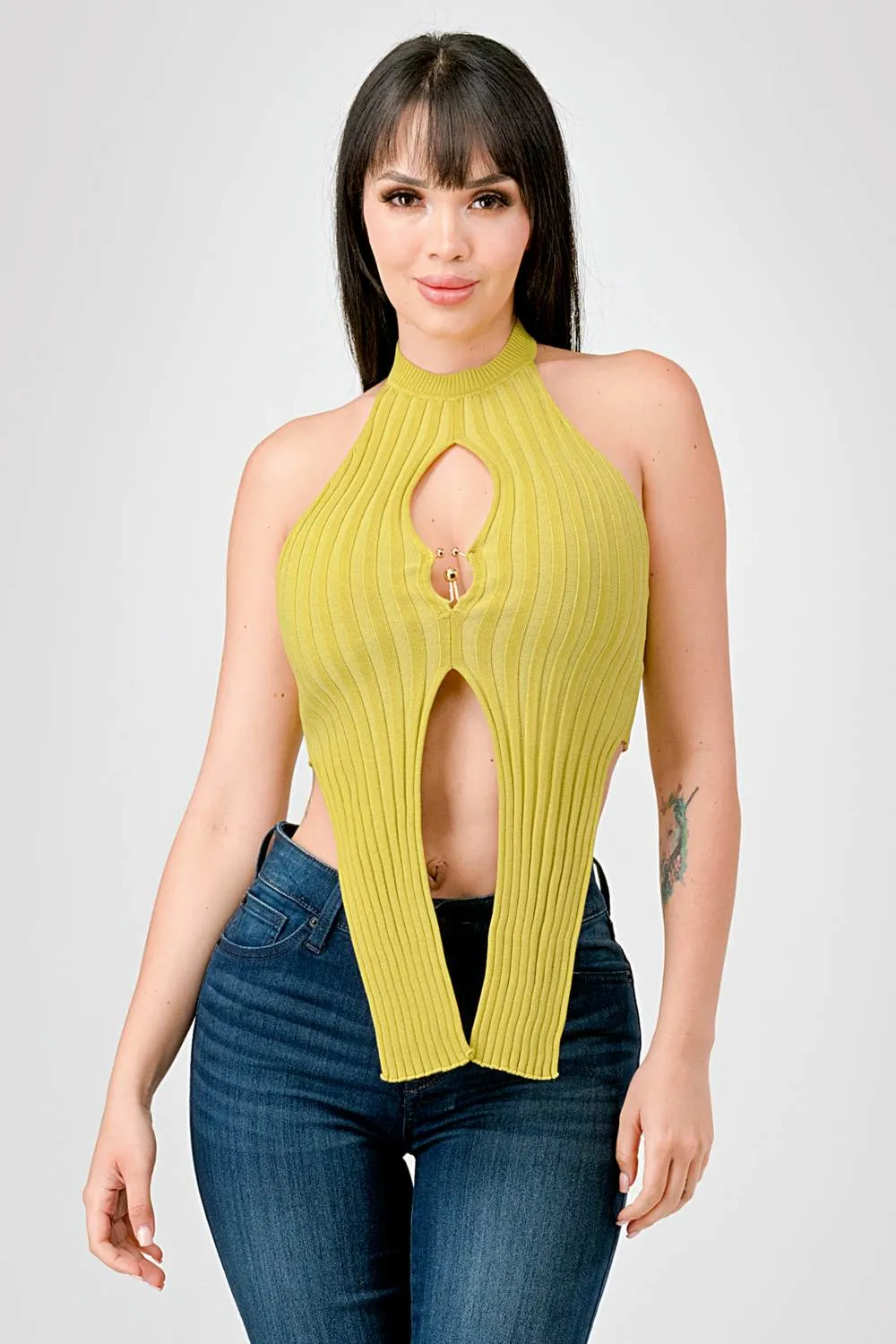 SEXY RIB SWEATER HALTERNECK GOLD RING KEYHOLE TOP sold by privy