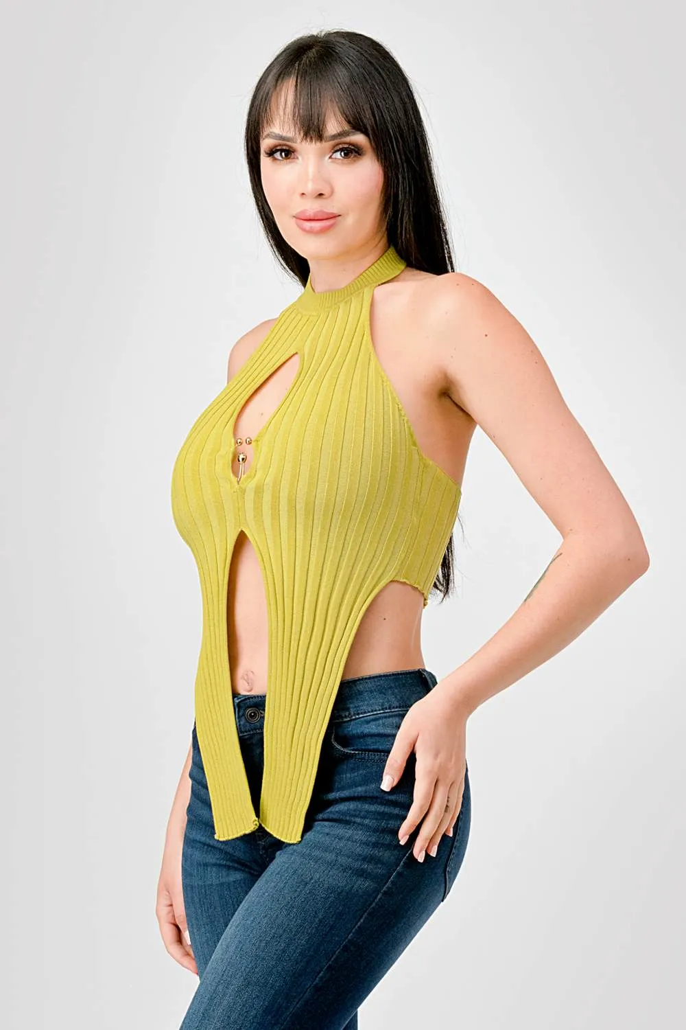 SEXY RIB SWEATER HALTERNECK GOLD RING KEYHOLE TOP sold by privy product image thumbnail 2