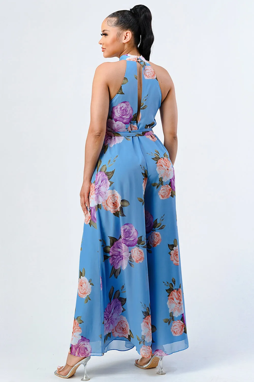 FLORAL CHIFFON MOCK NECK WAIST TIE WIDE LEGS JUMPSUIT sold by privy product image thumbnail 3