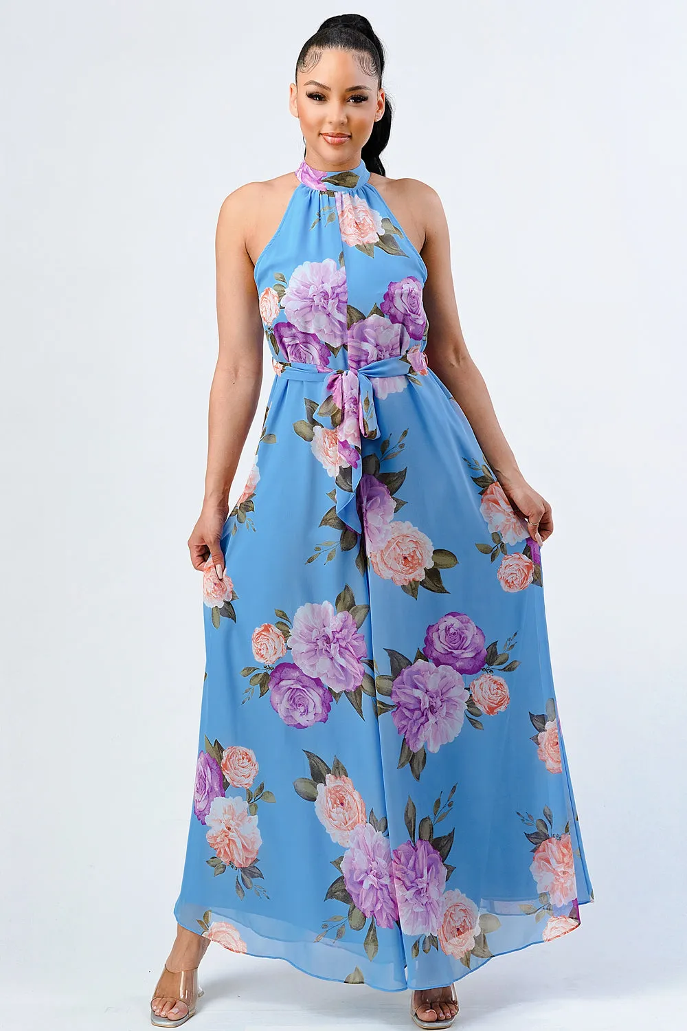 FLORAL CHIFFON MOCK NECK WAIST TIE WIDE LEGS JUMPSUIT sold by privy