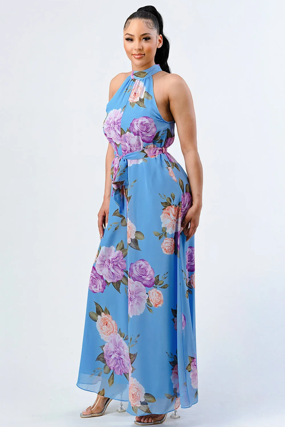 FLORAL CHIFFON MOCK NECK WAIST TIE WIDE LEGS JUMPSUIT sold by privy product image thumbnail 2