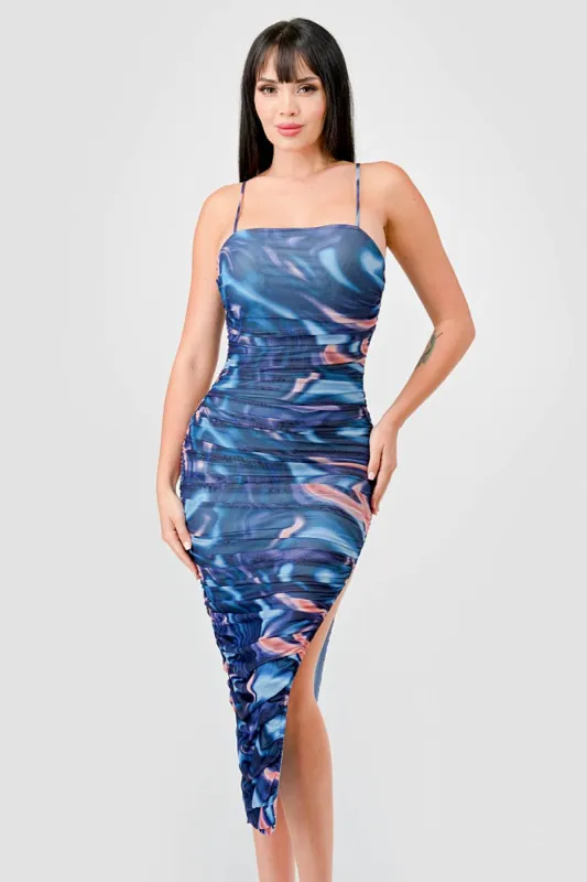 LUXE MARBLE PRINT MESH RUCHED MIDI DRESS sold by privy