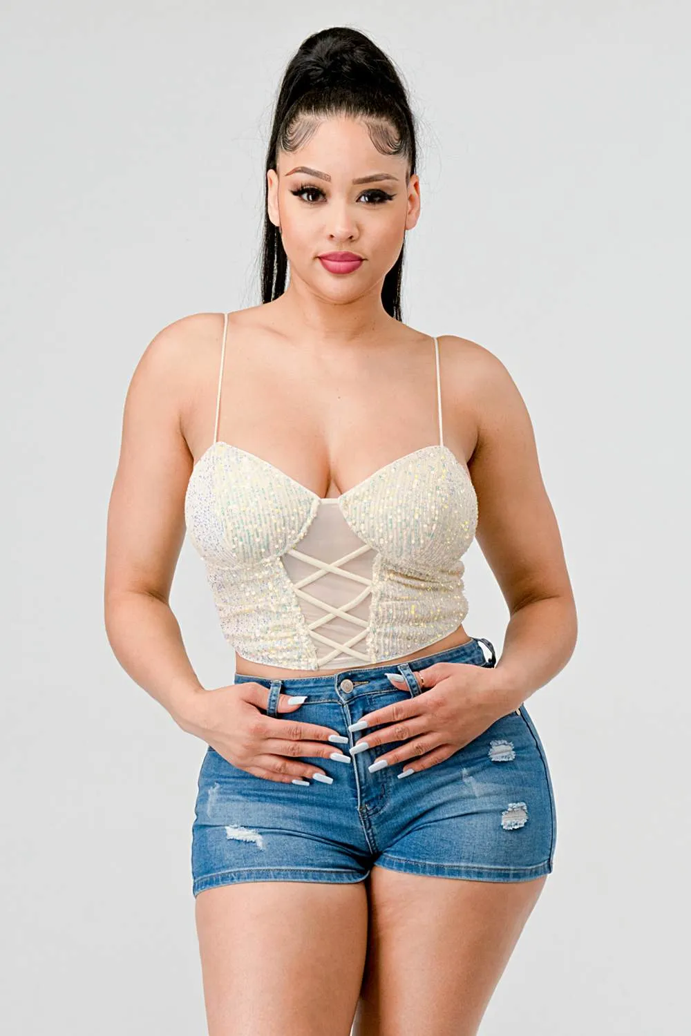 SEQUINS SWEETHEART CRISS CROSS LACE UP BUSTIER TOP sold by privy