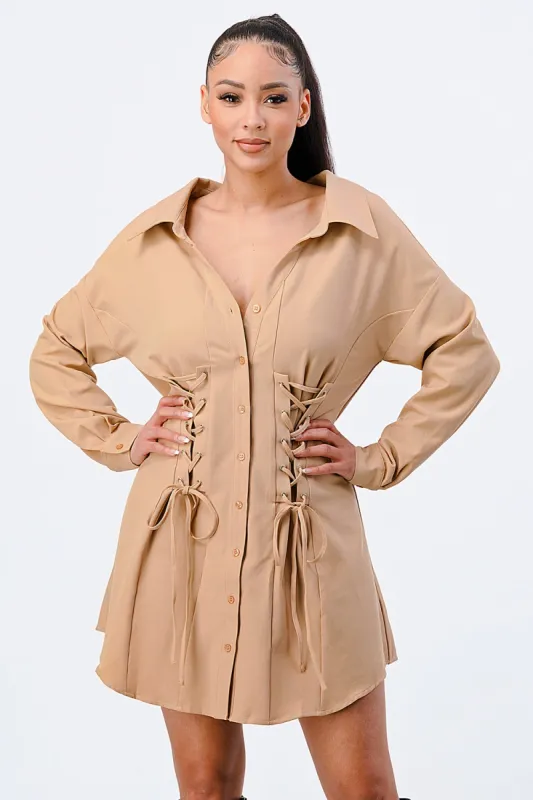 CHIC LACE UP CORSET FRONT DETAIL SHIRT DRESS sold by privy