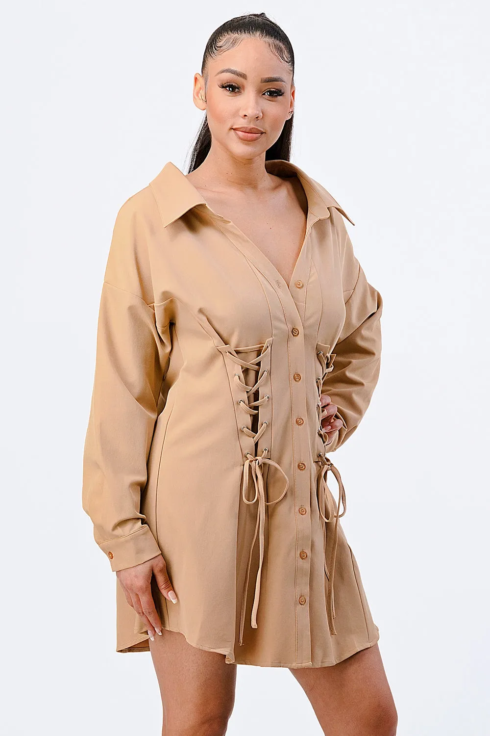 CHIC LACE UP CORSET FRONT DETAIL SHIRT DRESS sold by privy product image thumbnail 2