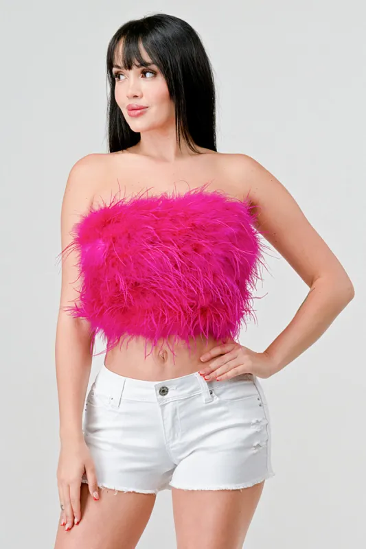 CHIC FAUX FEATHER STRAPLESS FLUFFY TUBE CROP TOP sold by privy