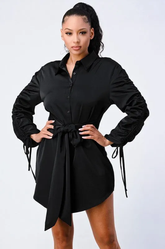 CHIC WAIST TIE RUCHED SLEEVED SHIRT DRESS sold by privy